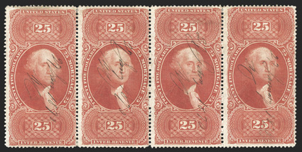 R100c, $25.00 Mortgage, horizontal strip of four, deep fiery color and a vivid impression, light 1870 ms. cancels, a fine and scarce strip only one larger multiple is known:
ex-Joyce, Halstead.