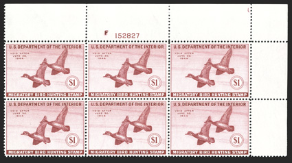 RW10, 1943 $1.00 Deep rose, select top right corner margin plate no. 152827 block of six, beautifully centered, post office fresh and intact, o.g., n.h., extremely
fine.