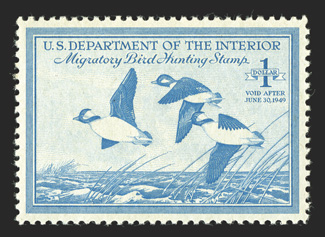 RW15, 1948 $1.00 Bright blue, a perfect mint example, flawless centering within large margins, brilliantly fresh color on pristine paper, unblemished o.g. without a single
bend or skip, a superb gem 2010 PSE certificate (Gem 100 SMQ $1,400.00)