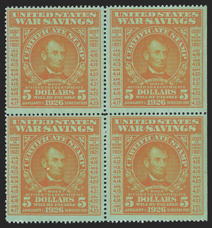 WS6, $5.00 Orange on green, block of four possessing brilliant color, natural straight-edge at right, disturbed original gum, bottom left stamp with a tiny picked out
inclusion, because there are traces of offset from a war savings certificate o