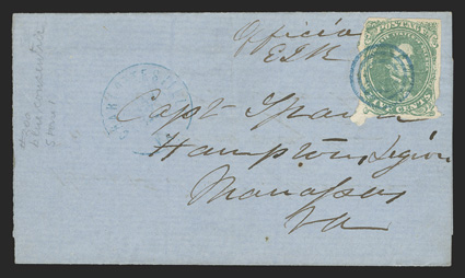 1, 5c Green, single with irregular margins tied by blue target with matching Charlottesville, Va. c.d.s. at left on 1862 South Carolina Hospital Return to Duty part-printed
hospital notice addressed to Captain of Hamptons Legion, Manassas