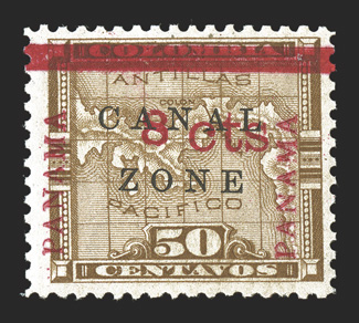 15, 8c on 50c Bister brown, 13mm. PANAMA reading up, position 31, with broken second A of Canal, nicely centered, strong fresh color, slightly tropicalized o.g. (described on
the certificate as part o.g.), very fine a handsome example o