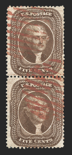30A, 5c Brown, Ty. II, vertical pair, used with red open grid cancels, fresh and intact, fine.