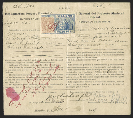 Warren 349B, 1898 Provisional 50c composite stamp validated by Lieut. C.H. Sleepers initials on a business license issued by the Headquarters of the Provost Martial General,
Bureau of Licenses and dated 5 December, 1898, file fold through the 4