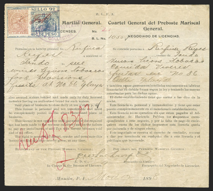 Warren 349C, 1898 Provisional 50c composite stamps validated by the initials of Captain C.F. Mudgett on business license issued by the Headquarters Provost Martial General,
Bureau of Licenses and dated 12 November, 1898, stamps tied by violet ov
