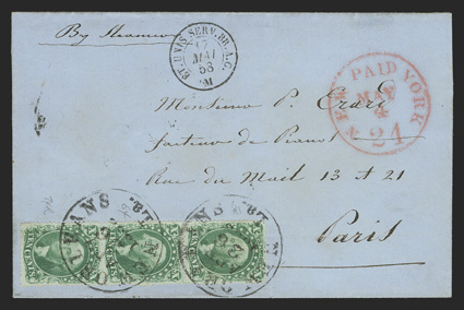 32-33, 10c Yellow green, Ty. II-III combination pair, vertical strip of three, the middle stamp being Type III, the others Type II, tied by New Orleans c.d.s. postmarks on 1858
folded cover to Paris, France, red New York exchange pmk. and French