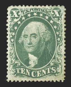 33, 10c Green, Ty. III, seldom seen mint example, well centered and margined, strong color, full o.g., faint trace of a horizontal crease, very fine appearance 1999 PF
certificate.