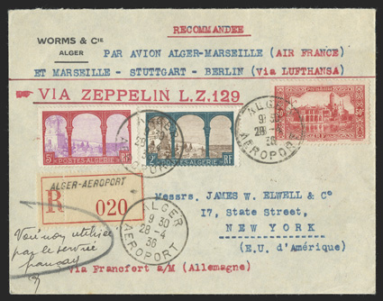 1936 Zeppelin flown cover, registered cover to New York franked by 1926 2Fr and 5Fr values and 1936 50c (63, 65, 90) tied by AlgerAeroport28-4, 36 datestamps, Marseilles
transit and New YorkRegy Div.5-8, 1936 arrival backstamps, very fi