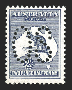OA4, 1913 2½p Dark blue, large perforated OS, fresh mint single showing the dot at top of Cape York plate variety, deep color on bright paper, o.g., n.h., fine 2010 Ceremuga
certificate (S.G. O4 for hinged £325 ACSC 9ba).