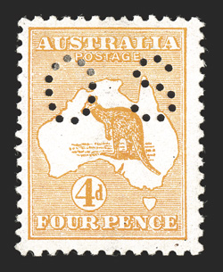 OB6, 1914 4p Orange, small perforated OS, bright color, o.g., trivial h.r., very fine 2010 Ceremuga certificate (S.G. O21 £275 ACSC 15bb).