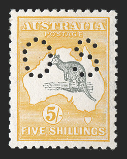 OB44, 1915 5- Yellow and gray, small perforated OS, bright colors, well centered, o.g., lightly hinged, very fine a scarce official 2010 Ceremuga certificate (S.G. O37 £1,100
ACSC 43ba).