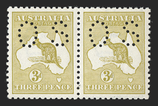 OB47-47a, 1916-23 3p Olive green, small perforated OS se-tenant pair die I-II, the left stamp being die II, extraordinarily well centered, rich luxuriant color on fresh white
paper, o.g., n.h., extremely fine a scarce se-tenant pair in fabulo