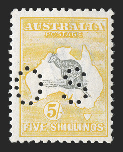 OB54, 1916-28 5- Yellow and gray, small perforated OS, nicely centered, lovely bright colors, o.g, n.h., very fine and scarce 2010 Ceremuga certificate (S.G. O50 for hinged
£325 ACSC 44b).