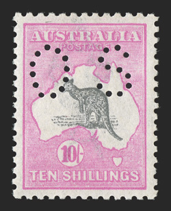 OB55, 1917 10- Bright pink and gray, small perforated OS, well centered, brilliantly fresh colors, o.g., very lightly hinged, extremely fine a lovely example of this seldom
offered official 2010 Ceremuga certificate (S.G. O51 £600 ACSC 