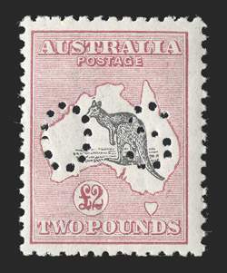 OB58, 1915 £2 Rose and black, small perforated OS, position R53, a pristine mint single of this rarity, fresh colors, o.g., n.h., very fine one of the very few never hinged
copies available 2010 Ceremuga certificate (S.G. O53 for hinged £3