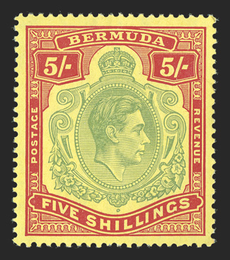 S.G. 118a var., 1939 5- Pale green and red on yellow chalky paper, perforated 14, broken leaf, position 47 showing large break in third leaf at left, mint single with bright
colors, especially well centered, o.g., barest trace of hinging, extre