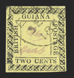 38, 1862 2c Black on yellow, ample to mostly large margins all around, used with 1862 town cancel, very fine (S.G. 119 £375).