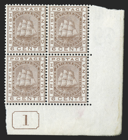 75, 1875 6c Chocolate, bottom right corner margin control no. 1 block of four, well centered and exceptionally fresh, o.g., bottom stamps never hinged, very fine a handsome
position block (S.G. 129 £320+).