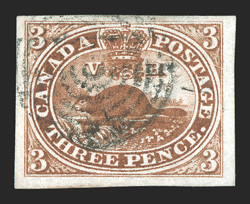 4a, 1853 3p Brown red on medium wove, attractive used single with four large margins, color is especially deep in the desirable brown red shade, neat black target cancel,
extremely fine and exceedingly choice 2005 Greene Foundation certificate