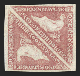 1P, 1853 1p Rose plate proof on watermarked paper, pair with large margins all around, fresh and very fine a seldom seen proof.