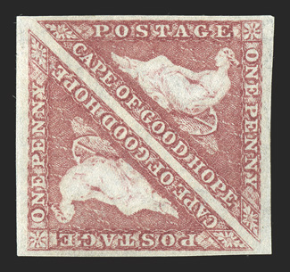 1P, 1853 1p Rose plate proof on watermarked paper, a similar pair to the above lot, large margins, bright color, very fine.