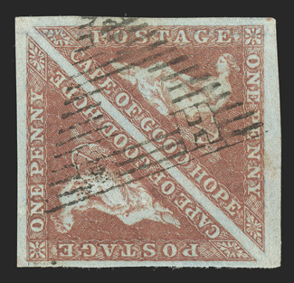 1, 1853 1p Brick red on slightly blued paper, pair with large to extra-large margins all around, impressively rich color and a sharp impression, neatly cancelled, faint
crease, otherwise choice very fine (S.G. 3).