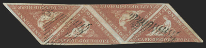 1, 1853 1p Brick red on slightly blued paper, horizontal strip of four, two left stamps with large margins, right two with a margin slightly into the design on one side, deep
color, lightly cancelled, right stamp with tiny corner crease, fine-ve