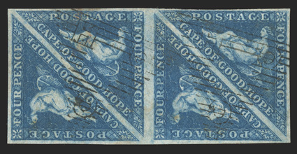2, 1853 4p Deep blue, scarce and handsome used block of four, deep color, full to large margins all around, light triangular grid cancels, light toning on reverse just barely
shows through in two places, otherwise very fine (S.G. 4).
