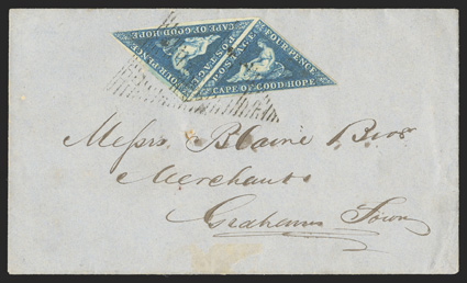 2, 1853 4p Deep blue, pair tied by triangular grid cancels on 1855 cover to Grahams Town, Port Beaufort Aug 17 1855 oval backstamp, stamps with clear to large margins around
and strong color, very fine a scarce and most attractive usage 2010