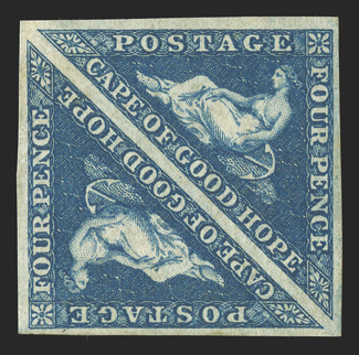 4b, 1855 4p Deep blue, mint pair, four large margins, intensely rich color and a prooflike impression, original gum, very fine a handsome and scarce pair 1977 RPS certificate
(S.G. 6 £1,500+).