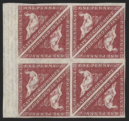12, 1864 1p Dark carmine, margin block of eight, other margins full to large, intense vibrant color and a deeply etched impression, full original gum (minor gum wrinkles as
always), very fine a handsome multiple cataloged as two blocks of four