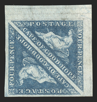13c, 1863 4p Pale grayish blue, unused corner margin pair, other margins large, strong rich color, marginal stamp with trivial natural paper wrinkle, very fine (S.G.
19a).
