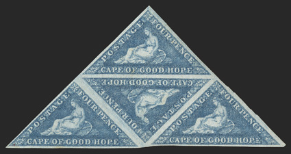 13c, 1863 4p Pale grayish blue, triangular block of four, full to large margins all around, wonderfully fresh color, full o.g., top stamp with small tear, otherwise very fine
and attractive (S.G. 19a).