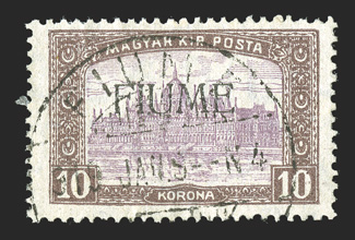 20, 1918 10K Violet brown and violet, with machine (typographed) Fiume overprint, used, with light but fully readable Fiume c.d.s., fresh colors, trivial wrinkle, very fine an
exceedingly rare stamp and one of the keys to completing the count