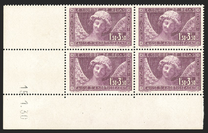 B34, 1930 1.50Fr+3.50Fr Smile of Reims, handsome bottom left corner margin coins dates block of four, post office fresh, immaculate o.g., n.h., very fine (Yvert 256
Ç640).