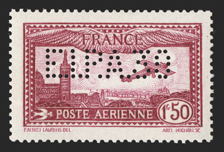 C5a, 1930 1.50Fr Deep Carmine air post, perforated E.I.P.A. 30, an outstanding mint example of this rare air post stamp, well centered, bright fresh color, o.g., never hinged,
extremely fine signed Roumet, Calves and accompanied by a 2007 Sis