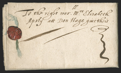 1623 folded letter, from Edw. Burley to Mrs. Elizabeth Apsley in the Hague, datelined 12 June 1623, carried by Matthew de Questers foreign post by private carrier and showing
green silk sealing threads, very fine an especially beautiful and des