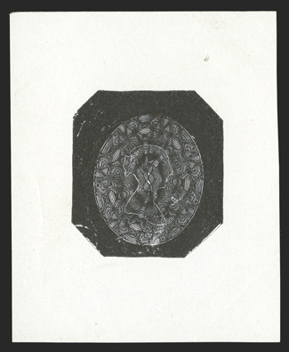 James Bogardus and Francis Coffin essay, outline of the head on elaborate engine-turned background in black on shiny white paper, very fine the original die was found in 1929
from which some reprints were taken before the die was presented to Ki