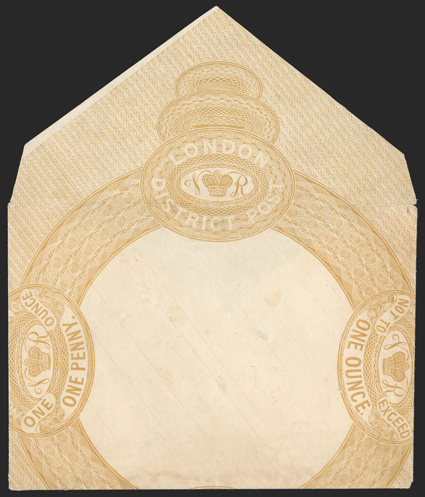 John Dickinson 1837 London District Post Envelope essay, One Penny design in yellow-buff on silk thread paper, a fine example of this attractive design.