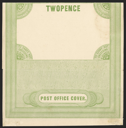 John Dickinson 1837 London District Post Lettersheet essay, two penny design in green on silk thread paper, some minor soiling and small split where folded,
fine.