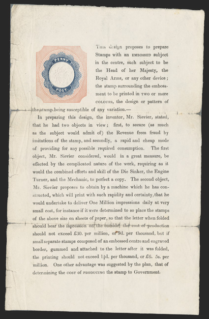 Robert W. Sievier engined-turned essay in pink and dark blue with embossed center, on complete page from the Westminster Gazette, the page with some slight soiling and paper
splitting where folded, fine and quite rare.