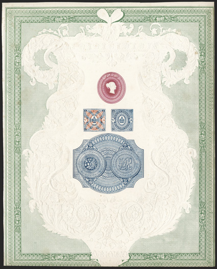 Charles Whiting Beaufort House Congreve composite essay sheet, similar to the above lot except the embossed head is in a deep carmine rose, very fine and most
attractive.