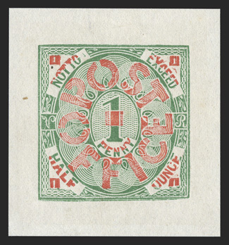 Charles Whiting Beaufort House Congreve 1p Green and red essay number 8, huge margins all around, brilliant colors, extremely fine a marvelously choice example of this scarce
essay.