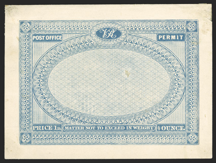 Charles Whiting Post Office Permit blue essay on wove paper, 119x89mm, light horizontal crease and some trivial soiling in the corners from old mounts, overall of very fine
appearance this design was first shown in The Post Circular of 1839.