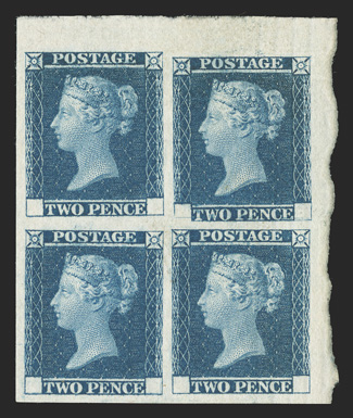 S.G. Spec. DP4, 1841 2p Deep blue first stage die essay, top right corner margin block of four, with the top right stamp showing the broken corner at bottom left, marvelously
bright and fresh, very fine a rare and highly desirable multiple.