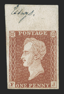 S.G. Spec., DP71b, 1850 1p Red brown Prince Consort essay, top sheet-margin single, with ms. Essays. in the margin, large margins, attractive rich color, very fine and
rare.