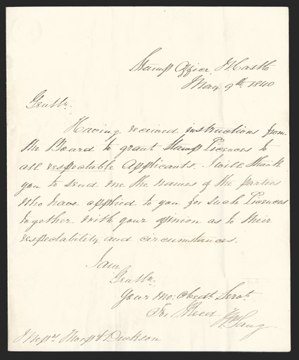 May 9, 1840 Stampless folded letter from John Reed, Stamp Office Newcastle, to Messrs. Thorp & Dickson Stamp Office Alnwick, the letter reads Having received instructions from
the Board to grant Stamp Licenses to all respectable applicants I w