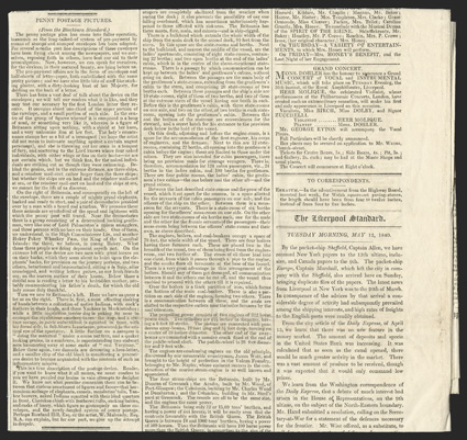 May 12, 1840 newspaper The Liverpool Standard, containing a long article titled Penny Postage Pictures, with generally a negative attitude about the Penny Black we have also
little bits of stuff like sticking plaster, with a dirty looking