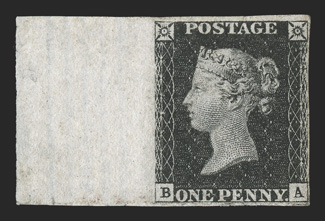 1, 1840 1p Black, plate 7, lettered B-A (constant variety), being a left sheet-margin single with extra large selvage, deep color and a highly detailed impression, full
margins to close at right, very fine plate 7 stamps are especially difficul