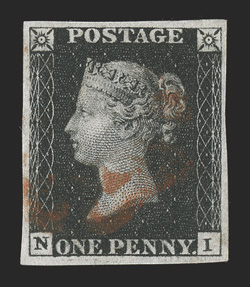 1, 1840 1p Black, plate 5, lettered N-I, four large margins, deep prooflike color and impression on bright paper, light red Maltese Cross cancel, extremely fine 2009 RPS
certificate (S.G. 2 £275).